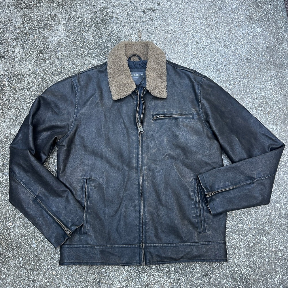 Aeropostale Mens Faux Leather Bomber Jacket Brown Sherpa Collar Large CGA087